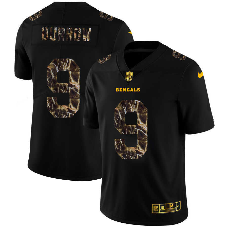 2020 Cincinnati Bengals #9 Joe Burrow Men Black Nike Flocked Lightning Vapor Limited NFL Jersey